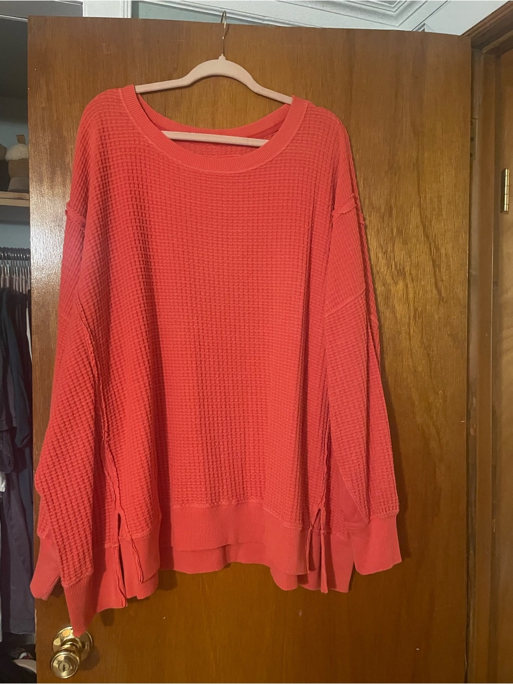 American Eagle Outfitters Coral Red Waffle-Knit Long Sleeve Top